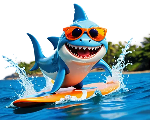 Cartoon shark, smiling face, bright blue skin, white belly, dorsal fin, sharp teeth, round eyes, freckles on nose, orange sunglasses, Hawaiian shirt, surfboard under fins, jumping out of water, splash