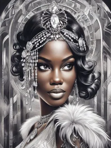 A stunning, hyperrealistic black and white illustration of a glamorous woman, capturing the essence of Art Deco and inspired by the styles of Anna Dittmann, Megan Hess, Kerrie Hess, Pino Daeni, Cather