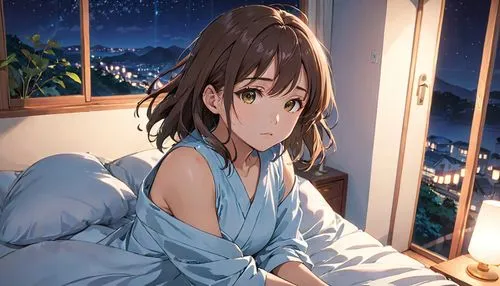 pajamas,violet evergarden,clear night,nightgown,honmei choco,euphonium,miku maekawa,yuki nagato sos brigade,girl in bed,starry sky,piko,unknown,night time,koto,night image,cocoa,bed,yui hirasawa k-on,pjs,relaxed young girl,Anime,Anime,Realistic