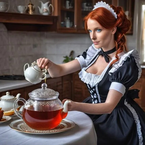 sexy red haired  blue eyed maid pouring tea,a girl sitting down and pouring tea into her teapot,pouring tea,tea service,cuppa,dirndl,victorian lady,tea time,Photography,General,Realistic