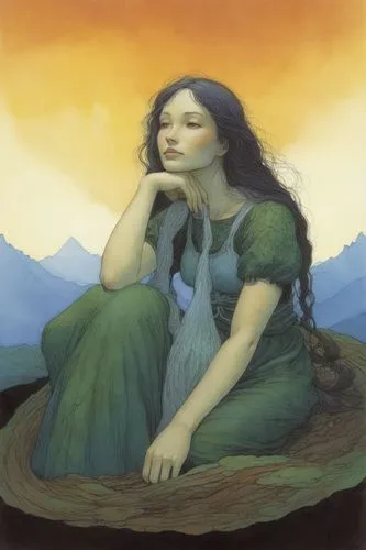 woman made of earth,woman in green dress sitting down on a rock,lughnasa,greensleeves,melusine,guinevere,chryste,hermia,kateri,cailleach,ariadne,ophelia,chiaradia,woman sitting,rusalka,silmarillion,ar