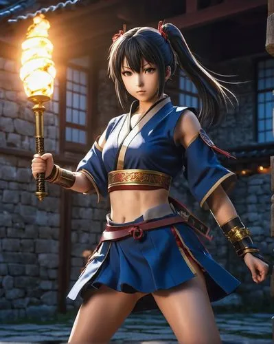 fighting anime character,japanese style,girl,dark,castle,a woman in an ancient style outfit with a light saber,yuanji,oboro,eiko,ibuki,mai,chunli,Photography,General,Realistic