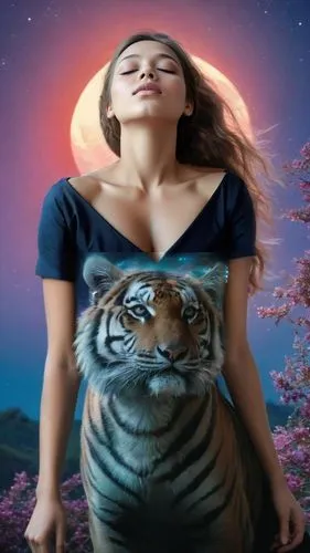 As the sun rises behind her, a radiant tiger with radiant red and purple glow shines gently in the sky. This lone figure, adorned with her enigmatic smile, radiates passion, radiating warmth and energ