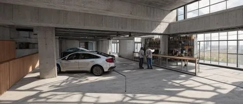 modern parking, with white car, warm sun light, industrial, pipe, highly detailed. stone pavement, geo metric, 8k, grey wall, sky light, wooden, wood, hidden light, spot light, linear light, undergrou