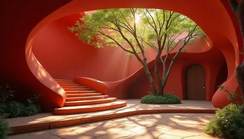 Organic architecture, vibrant red walls, curved lines, dynamic shapes, natural materials, wood accents, earthy tones, lush greenery, overhanging trees, warm sunlight filtering through leaves, serene a