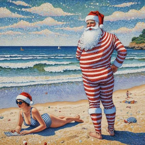 santa in old fashioned stripey swimsuit on the beach ,santa claus at beach,christmas on beach,santa and girl,santa claus,father christmas,man at the sea,holidaymaker,santa clauses,santas,jasinski,nata