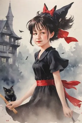 zhiyuan,sango,geisha girl,shinigami,fairy tale character,kiki,Digital Art,Watercolor