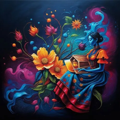 flamenca,radhakrishna,cosmic flower,la calavera catrina,vibrantly,duenas,mexican painter,huichol,flower painting,la catrina,grafite,ayahuasca,pintura,bodypainting,aterciopelados,dream art,girl in flowers,fantasy art,krsna,art painting,Illustration,Realistic Fantasy,Realistic Fantasy 25