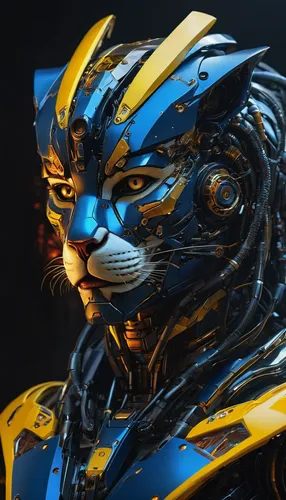 An entity of the Mecha Cyborg Lion, Robot Transcendence Humanoid, dark and blue, yellow, red color, neon colorful background, where human reaches its full potential, multiplies into the trillions or t