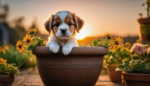 basset,beagle,flower in sunset,cute puppy,flowerpot,bassetts,Photography,General,Fantasy