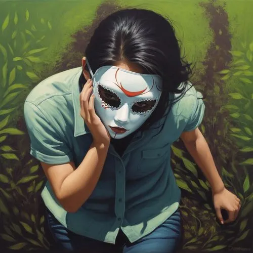 it is a girl in a mask ,an image of a person wearing a painted mask,jasinski,kayako,hisako,tatsuro,psicosis,butoh,Conceptual Art,Daily,Daily 02