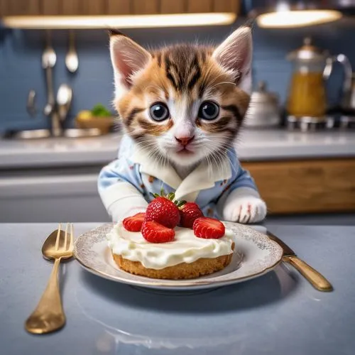 in einer Küche bei offenen Kühlschrank in der Nacht steht ein Kätzchen im Pyjama und hält ein Stück Torte und Besteck in der Hand; Gesicht mit Sahne verschmiert,strawberry pie,tea party cat,strawberry