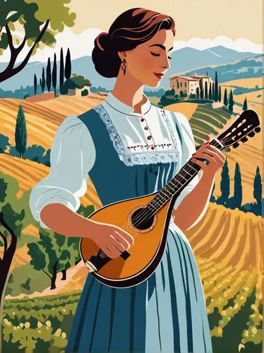 Mandolin player, young adult woman, folk music, traditional Italian clothing, embroidered blouse, long skirt, apron, mandolin in hand, fingers pressing strings, standing, outdoor rural setting, Tuscan