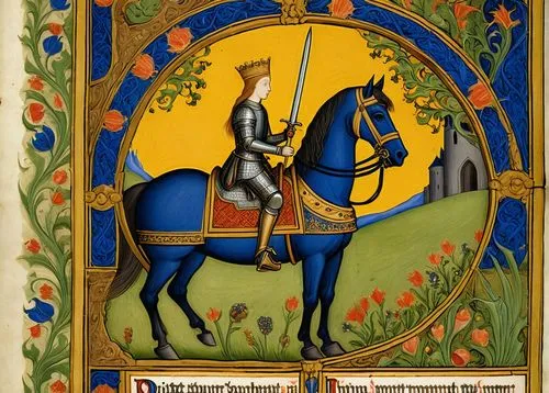 Style of the image from the "Magnificent Book of Hours of the Duke of Berry" by the Limbourg brothers, Illuminated manuscript. In the lower right corner, a medieval mounted knight in armor, a helmet w