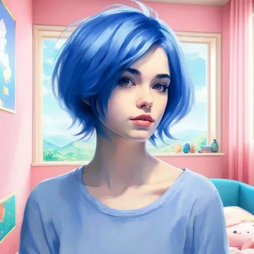 a female with blue hair in a pink room,blu,azzurro,blue room,blue hair,aquamarine,xiaolu