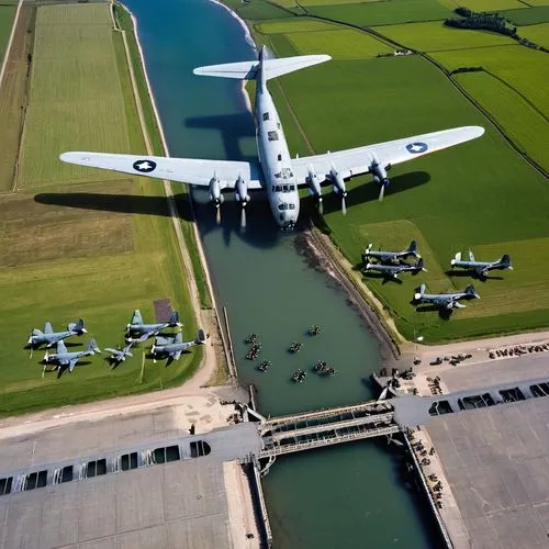 At the port entrance door , a group of Paratroopers jumping out of a olive drab and grey Douglas DC-3 - C-47  "Skyrrain"  WW II transport aircraft, flying over the D-Day zone on June 1944,boeing b-50 