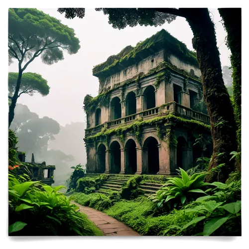 ancient house,tropical house,philodendrons,water palace,mansions,tanoa,kykuit,artemis temple,yavin,ancient buildings,temples,gondwanaland,house with caryatids,walhalla,ruins,ghost castle,ancient ruins,ancient building,chhatris,italianate,Illustration,Japanese style,Japanese Style 08