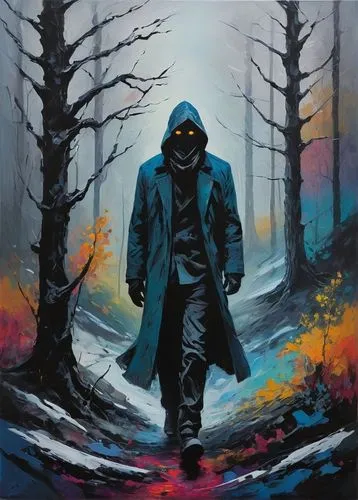 hooded man,the wanderer,parka,album cover,overcoat,renegade,eskimo,cd cover,assassin,pedestrian,rorschach,scythe,the woods,robber,painting technique,mystery book cover,would a background,underworld,wanderer,walking man,Illustration,Black and White,Black and White 10