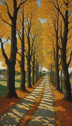 tree lined lane,tree-lined avenue,maple road,tree lined path,row of trees,autumn trees,beech trees,autumn landscape,ash-maple trees,forest road,chestnut avenue,old avenue,tree lined,beech hedge,golden trumpet trees,birch alley,the trees in the fall,robert duncanson,deciduous trees,tree grove,Art,Classical Oil Painting,Classical Oil Painting 43