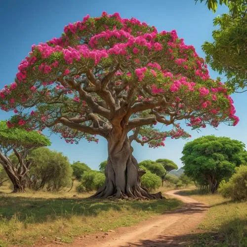 arbol grande donde muchos monos estan saltando entre sus ramas , flores, ,the dirt path leads to the large tree with purple flowers,adansonia,african tulip tree,colorful tree of life,flower tree,canar