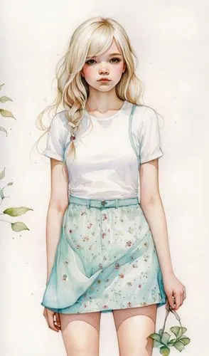 illustration, white background,  cute teenage girl
,a girl with long blonde hair standing next to ivy,dahlia white-green,sewing pattern girls,franklinia,peignoir,painter doll,female doll,Illustration,