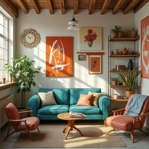 aperol,mid century modern,teal and orange,living room,sitting room,sofa set,modern decor,livingroom,apartment lounge,furnishings,mid century,midcentury,interior design,contemporary decor,mid century sofa,sofa,interior decor,an apartment,warm colors,the living room of a photographer,Photography,General,Realistic