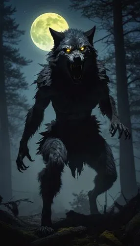 Female werewolf, TF transformation, full moon, night forest, dark misty atmosphere, glowing yellow eyes, sharp fangs, pointed ears, furry arms and legs, ripped clothing, torn shirt, exposing chest, cl