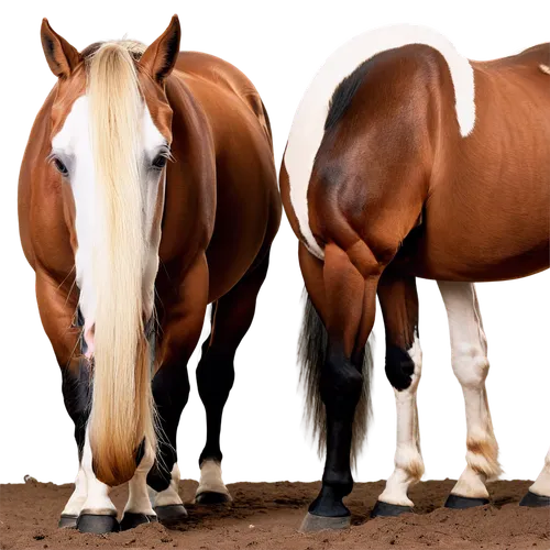 Two horses, brown and white, standing back to back, poop piles beneath them, detailed horsehair, shiny coats, muscles visible, strong legs, hooves on ground, nostrils flaring, ears perked up, close-up