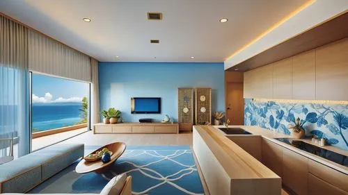 This photo shows the living room and kitchenette of a hotel suite in Puli, Taiwan.
The design incorporates elements of summer, the seaside and Bali, with a modern blue twist.
The suites feature stylis