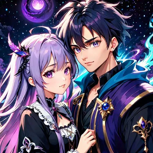 prince and princess,valentine banner,fairy galaxy,cg artwork,easter banner,purple wallpaper,starry sky,reizei,merlin,celestial event,purple background,galaxy,edit icon,wiz,monsoon banner,magi,halloween banner,beautiful couple,boy and girl,starlight,Anime,Anime,Traditional