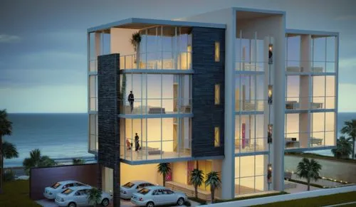 this apartment building is lit up at dusk with cars parked in the lot,penthouses,residencial,condominia,fresnaye,oceanfront,baladiyat,Conceptual Art,Sci-Fi,Sci-Fi 06