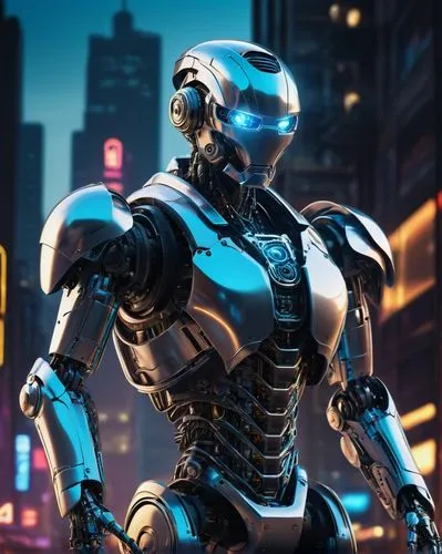 Futuristic robot, SdXL 2.0 model, shiny metallic body, glowing blue eyes, intricate mechanical details, sleek aerodynamic design, standing pose, urban cityscape background, neon lights reflecting off 