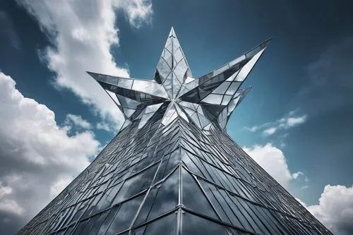 Modern skyscraper, five-pointed star-shaped roof, glass and steel structure, reflective windows, sleek lines, urban cityscape, cloudy sky, dramatic lighting, low-angle shot, detailed texture, futurist