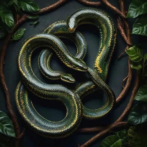 vertically two snake intertwined around the full body magic,serpent,python,green tree snake,green tree python,tree snake,tree python,green snake,snakebite,african house snake,venomous snake,snake patt