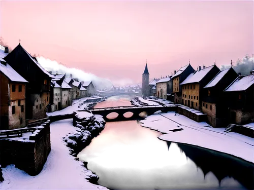 Medieval town, Splitshire, snow-covered rooftops, stone buildings, wooden bridges, frozen river, misty atmosphere, morning sunlight, soft focus, 3/4 composition, warm color tone, cinematic lighting.,a