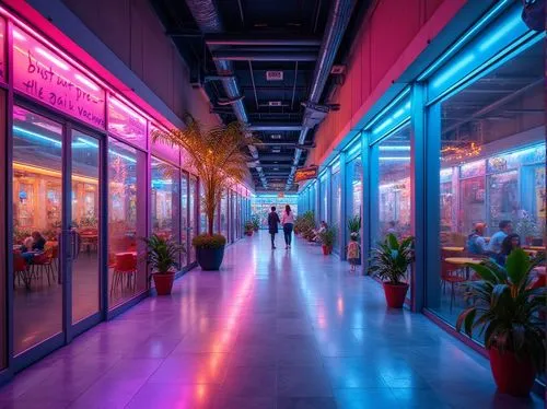 Vibrant youth center, neon-lit corridors, colorful LED lights, dynamic light installations, interactive exhibits, futuristic architecture, transparent glass walls, open-plan spaces, communal seating a