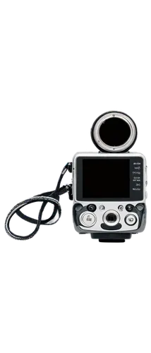 Digital camera, silver body, black lens, ergonomic grip, LCD screen, flash, mode dial, zoom button, shutter release, memory card slot, neck strap, studio lighting, isolated background, 45-degree angle