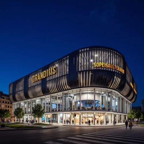 Grand stadium facade, dynamic curves, sleek metal cladding, LED light strips, cantilevered roofs, angular lines, modern architectural style, vibrant team colors, bold typography, giant video screens, 