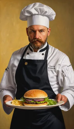 Write a humorous dialogue between a chef and a customer about a hamburger plate with a magical twist.,chef,luther burger,chef's uniform,burger emoticon,chef's hat,men chef,hamburger,classic burger,che