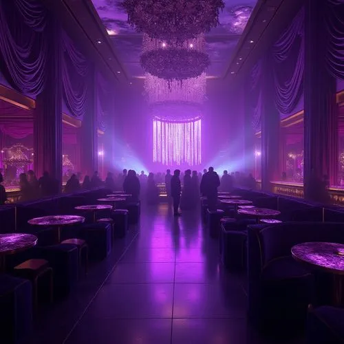 Dark, luxurious nightclub interior, amethyst accents, velvet drapes, purple LED lights, metallic tables, high-gloss floors, DJ booth with neon lights, crowd of people dancing, disco balls reflecting l