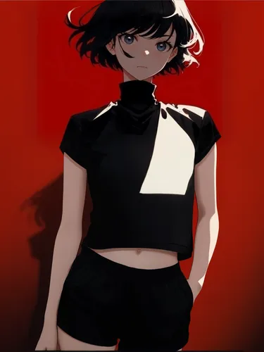 full body of a girl with bobcut, black t-shirt, and black sweat shorts, red background,persona,noodle image,noodle,ren,2d,spy,red background,vector girl,tumblr icon,in a shadow,on a red background,two