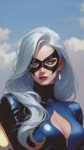 a girl in blue and black with white hair,ororo,lilandra,madelyne,nightwing,selina,quicksilver,Photography,General,Realistic