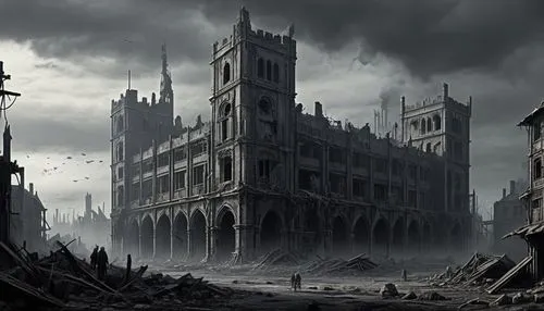 haunted cathedral,destroyed city,ravenloft,osgiliath,imperialis,darktown,castle of the corvin,coldharbour,notre dame,gothic church,yorac,woolnoth,arkham,neogothic,morgul,dishonored,arras,haunted castle,post-apocalyptic landscape,gothic style,Conceptual Art,Fantasy,Fantasy 33