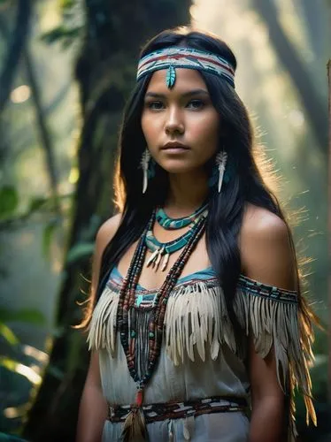 Native American girl, Sarah Rainmaker, 18yo, long dark hair, feathered headband, traditional tribal clothing, fringe dress, beaded necklace, barefoot, standing, misty rainforest, giant trees, vines, f