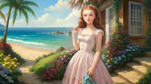 Romantic masterpiece oil painting, cute girl portrait, nostalgic 1950's style kitsch,seaside cottate landscape, Hawaiian beach scenery, by Thomas Kinkade, by Bob Ross,princess anna,girl in a long dres