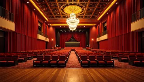 Vibrant auditorium interior, rich velvet curtains, warm golden lighting, luxurious seating, polished wooden floors, bold red accent walls, sleek metal railings, grand chandelier, dramatic ceiling desi