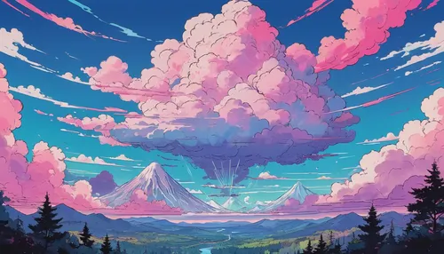 mushroom landscape,cloud mountain,cloud mountains,mushroom island,cumulus,stratovolcano,volcano,mountain world,fantasy landscape,clouds - sky,futuristic landscape,mountain,cumulus nimbus,cloud mushroom,mountains,high mountains,high landscape,clouds,cumulus cloud,mountain landscape,Illustration,Japanese style,Japanese Style 06