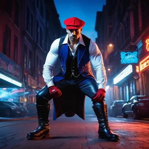 bellboy,mario bros,mario,top hat,popeye,daredevil,nikola,super mario,red russian,pirate,smooth criminal,red cap,ringmaster,napoleon,de ville,red super hero,cyberpunk,cosplay image,enzo,panamanian balboa,Illustration,Retro,Retro 03