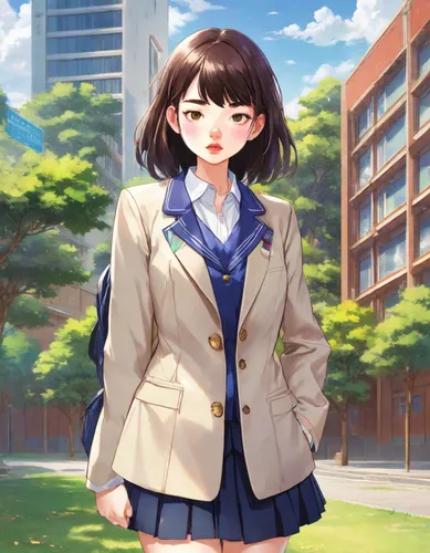 WOMAN IN SCHOOL UNIFORM IN THE SCHOOL YARD,japanese sakura background,sakura background,parka,anime japanese clothing,honmei choco,spring background,navy suit,aomoriya,portrait background,flower backg