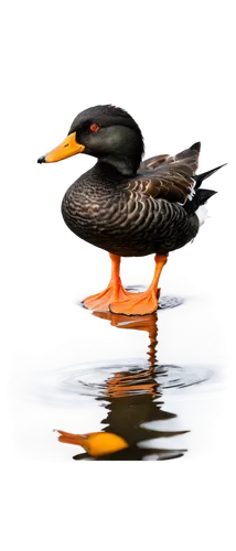 Yellow duck, solo, adult, bright orange beak, shiny feathers, webbed feet, swimming pose, water ripples, morning sunlight, 3/4 composition, soft focus, warm color tone.,ornamental duck,canards,duck on